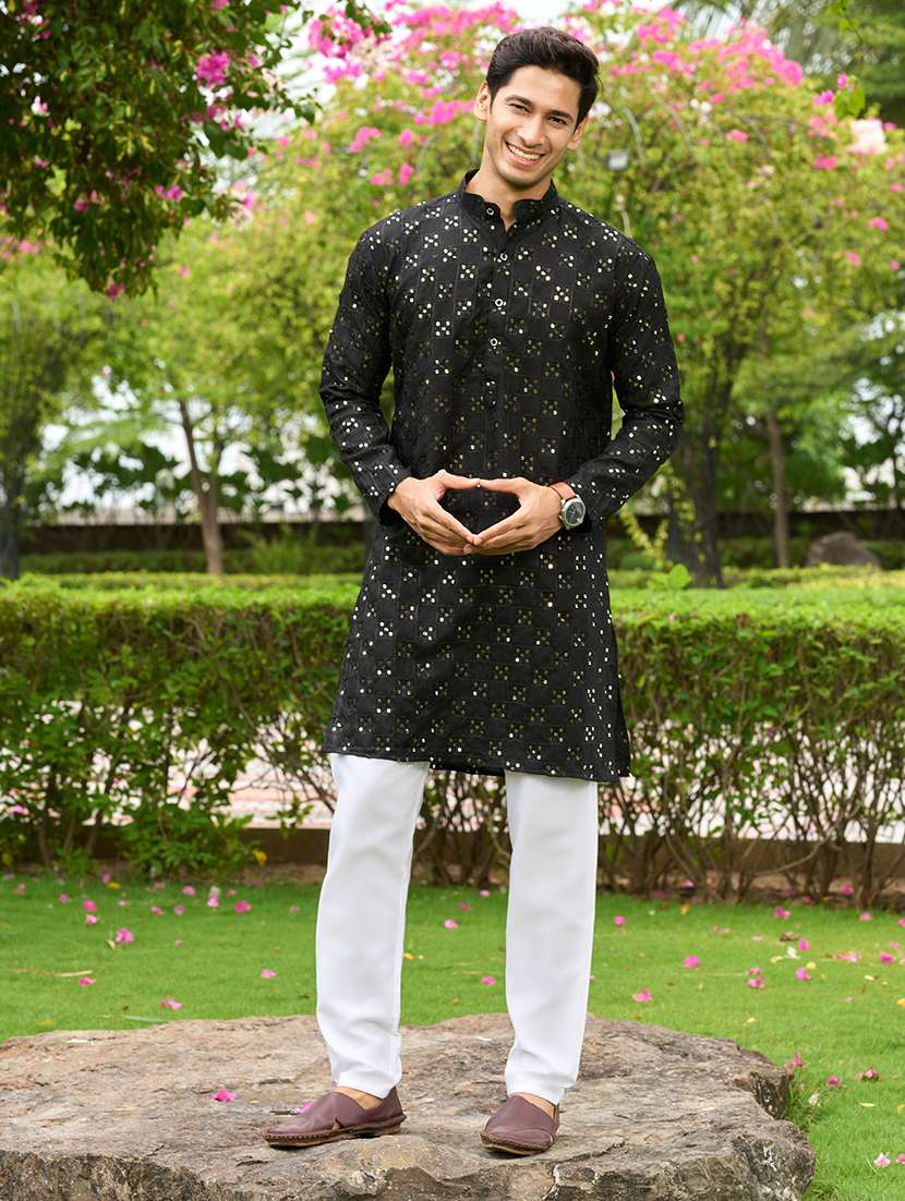 men mandarin neck sequined long kurta - 21372308 - Standard Image - 1
