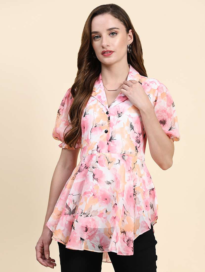 women printed puff sleeves asymmetric top