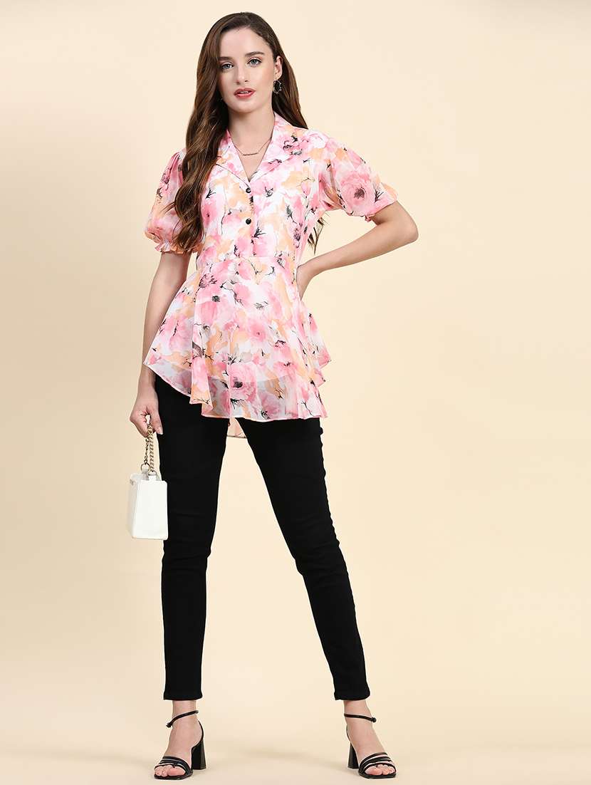 women printed puff sleeves asymmetric top - 21374302 -  Standard Image - 4
