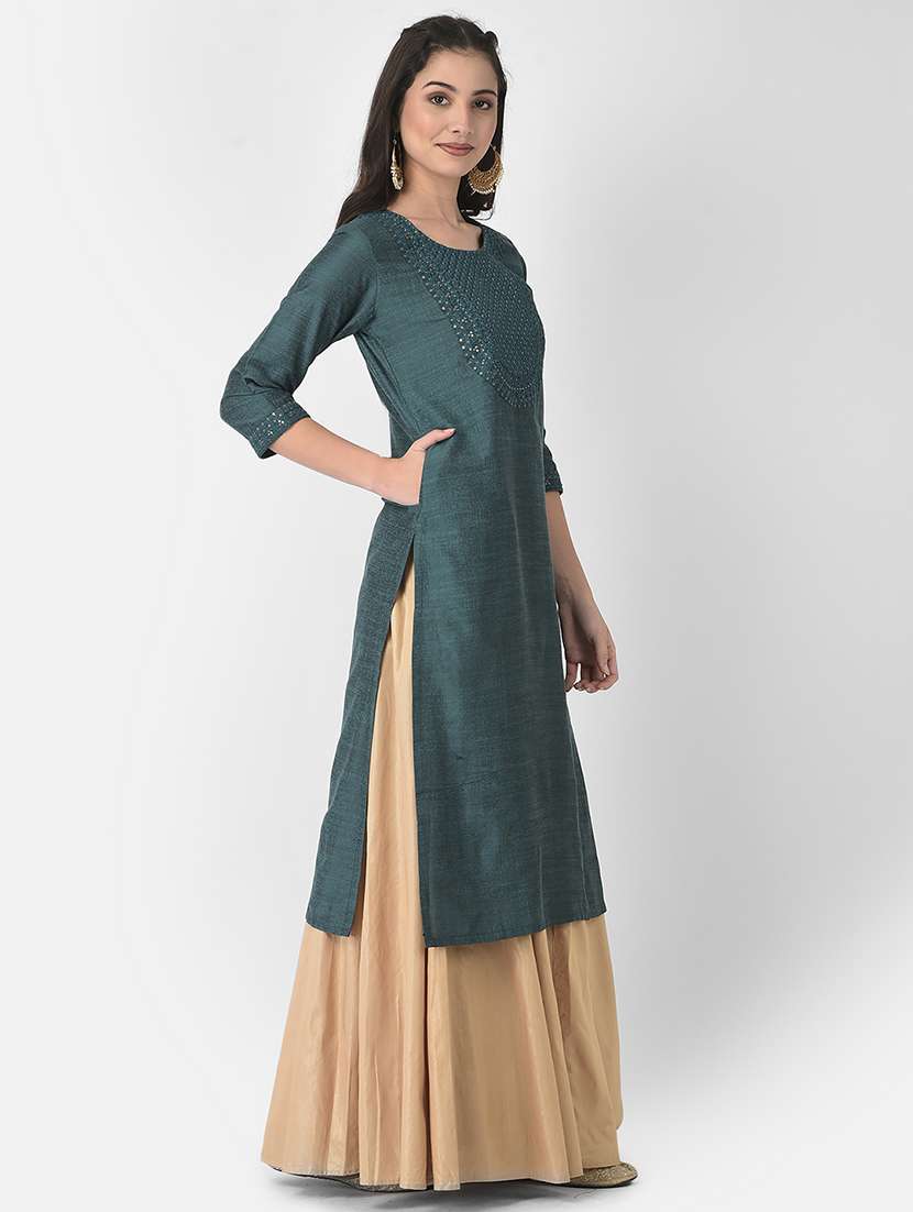 women three quarter sleeve straight kurta - 21374468 -  Standard Image - 1