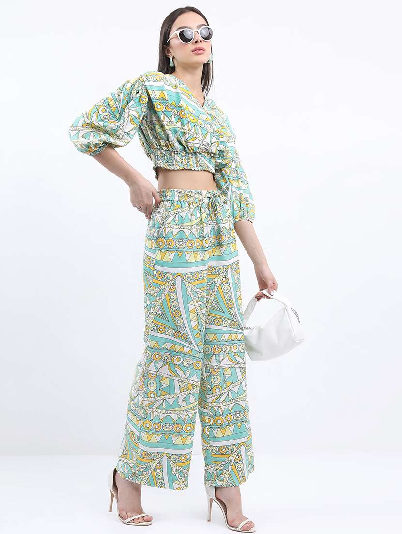 green polyester top and palazzos set coord