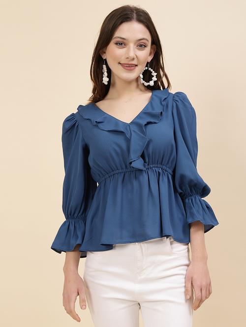 blue solids v neck ruffled top - 21375514 - Standard Image - 0