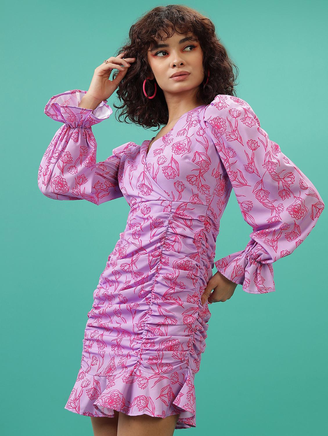 women printed overlap neck ruched dress - 21375790 -  Standard Image - 1