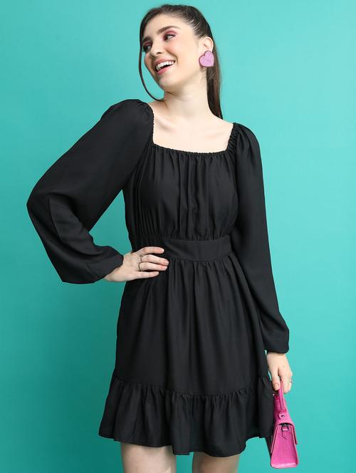 black solid fit & flare dress - 21375827 - Standard Image - 0