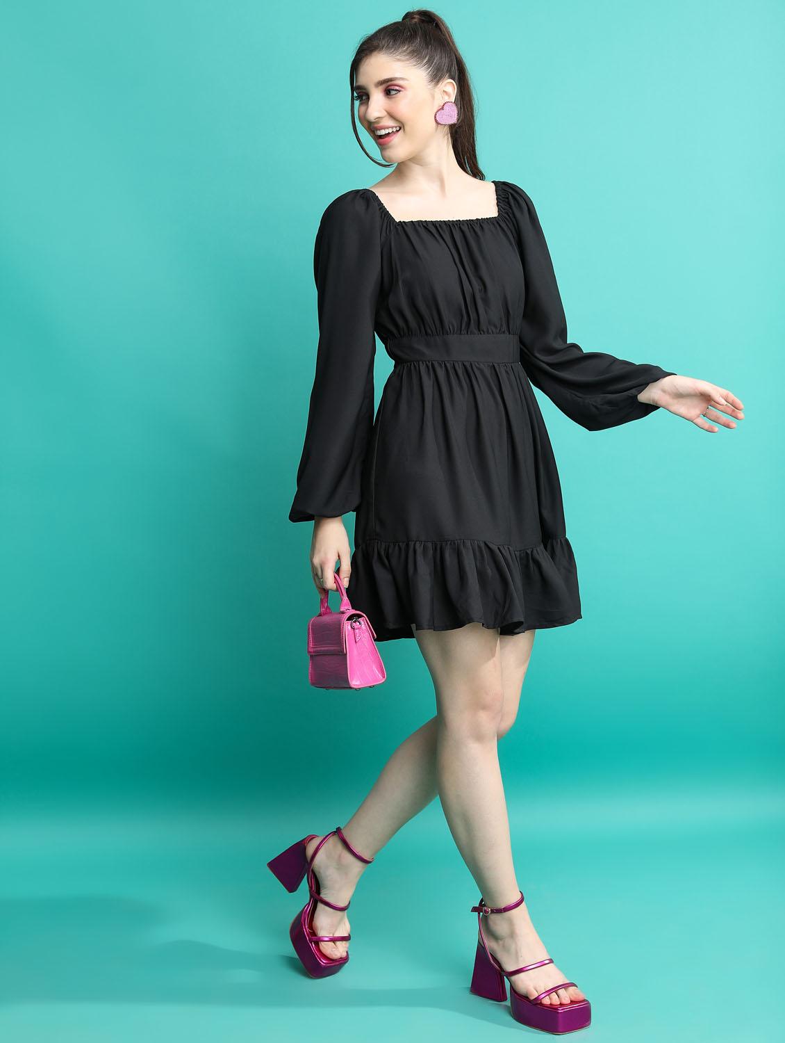 black solid fit & flare dress - 21375827 - Standard Image - 4