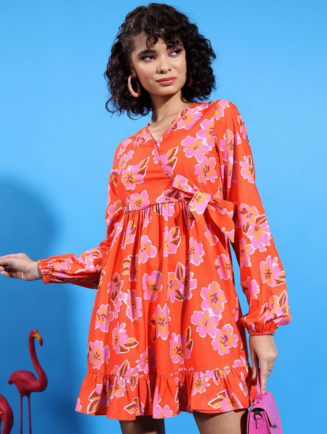 orange floral printed wrap dress - 21375830 - Zoom Image - 0