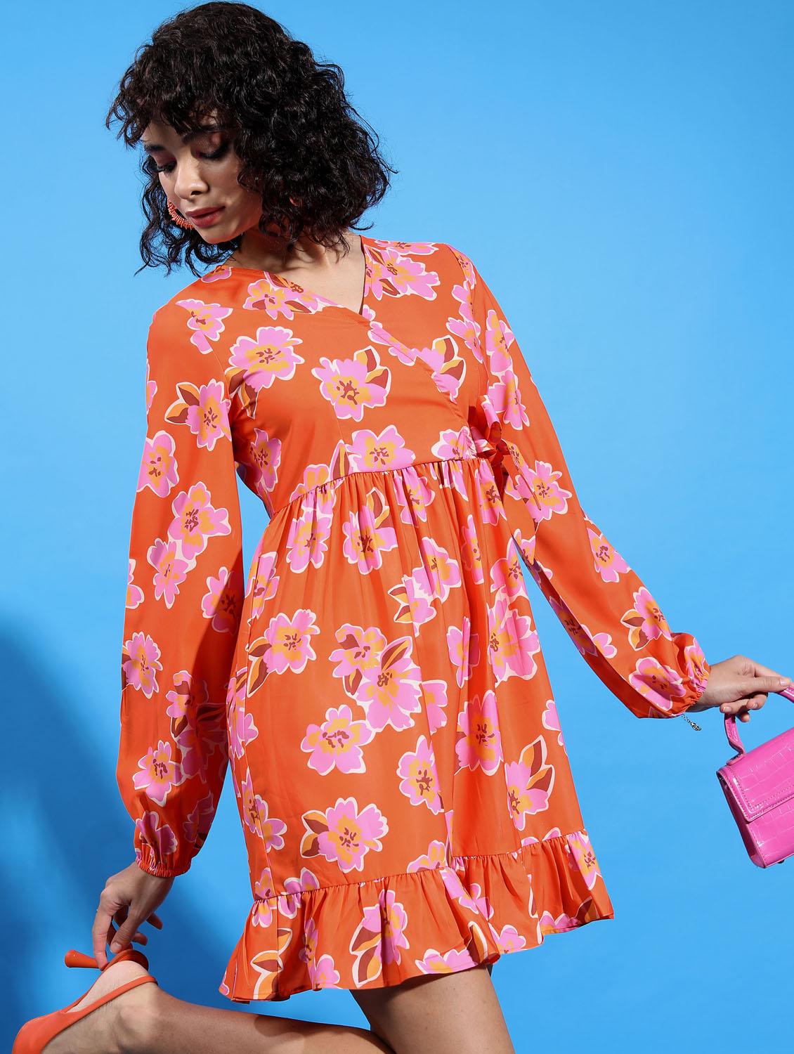 orange floral printed wrap dress - 21375830 - Standard Image - 1