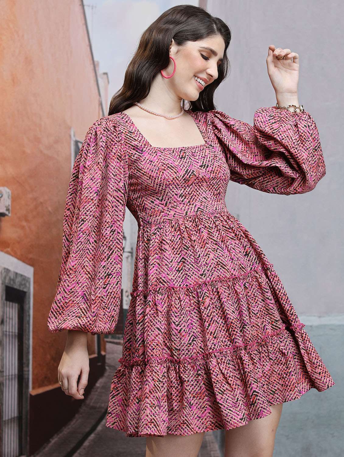 women pink cotton blend tiered dress - 21375834 -  Standard Image - 1