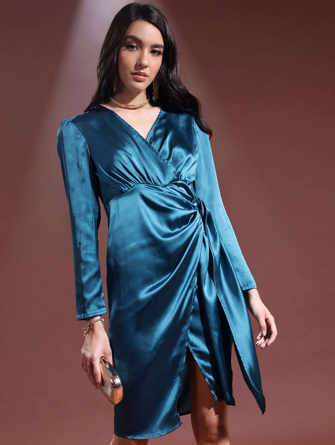 teal solid wrap dress - 21375885 -  Standard Image - 1