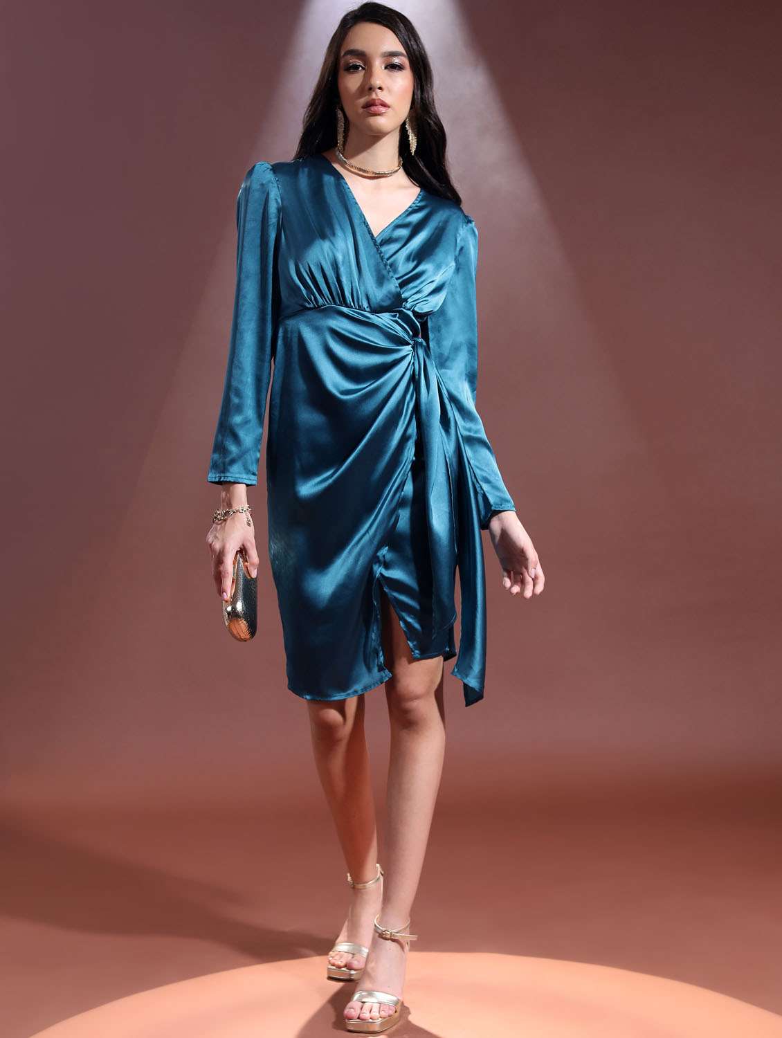 teal solid wrap dress - 21375885 -  Standard Image - 4