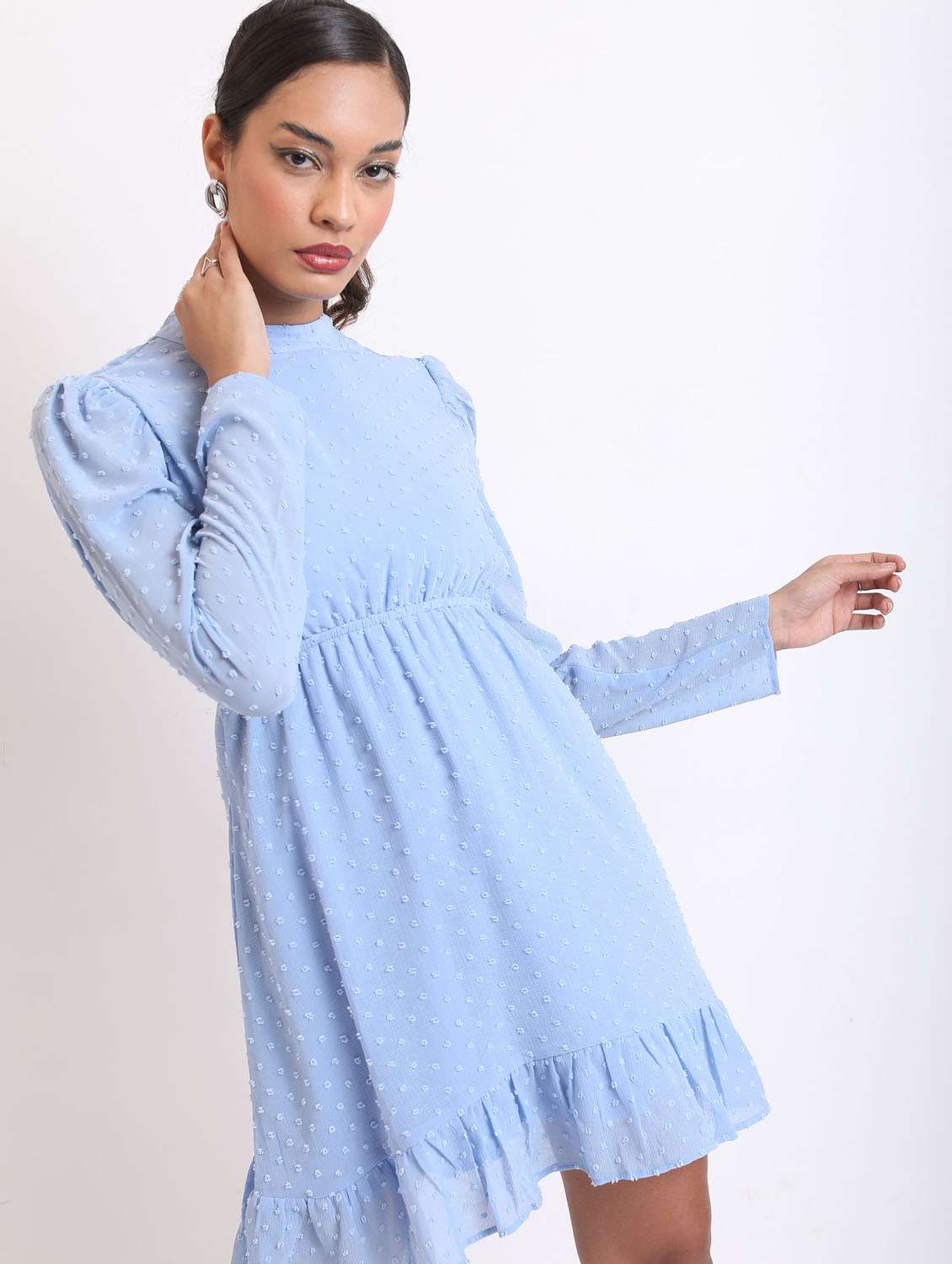 women light blue self design a-line dress - 21375926 -  Standard Image - 1