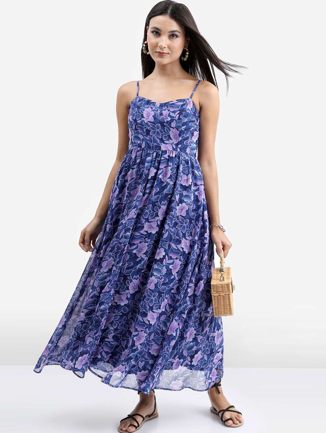 blue floral printed a-line dress