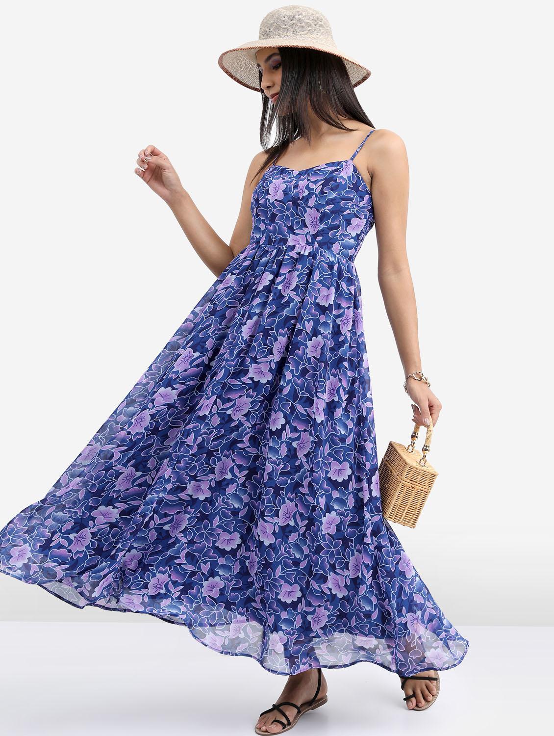 blue floral printed a-line dress - 21375938 - Standard Image - 1