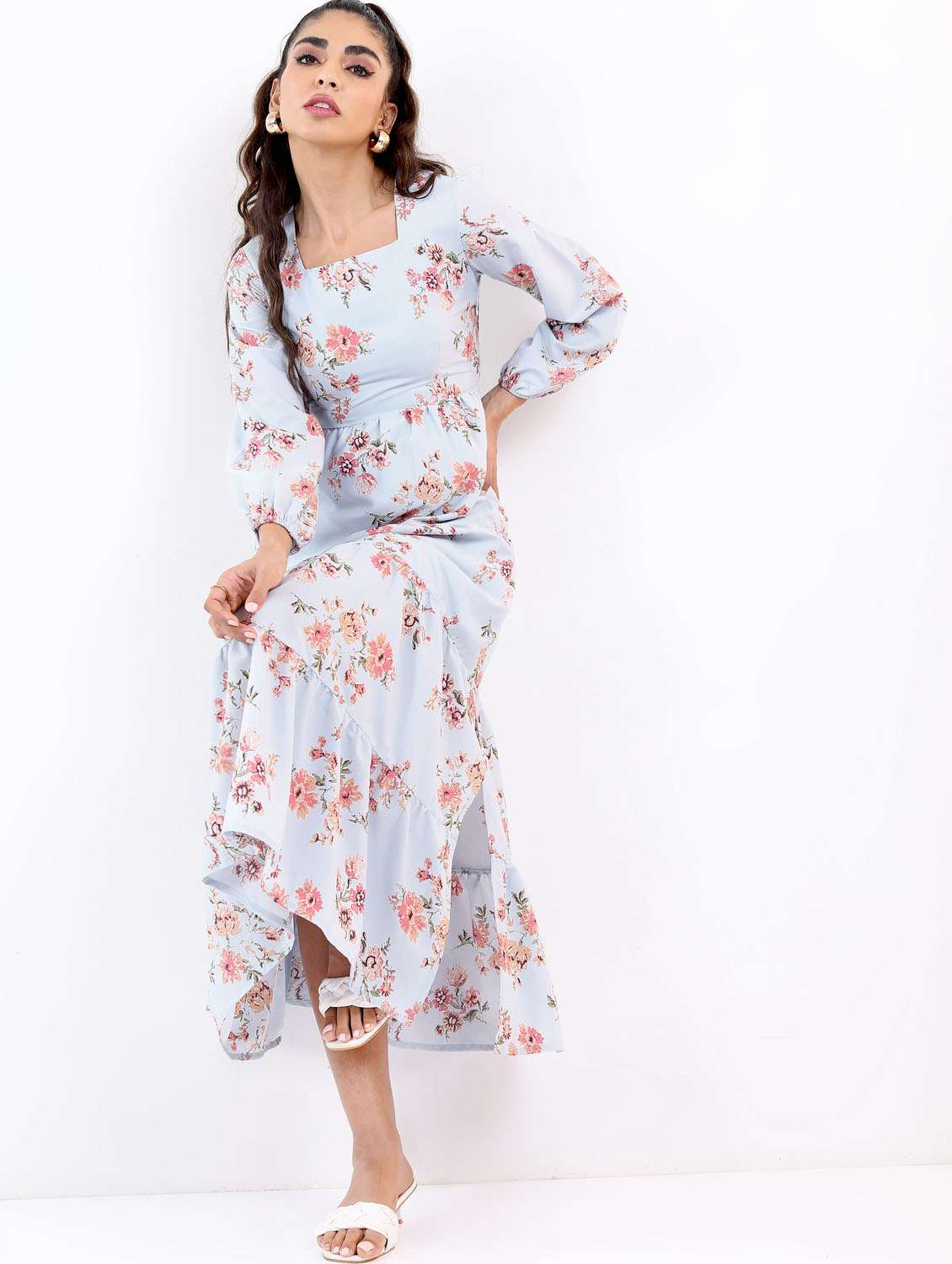 light blue floral printed a-line dress - 21375988 -  Standard Image - 1
