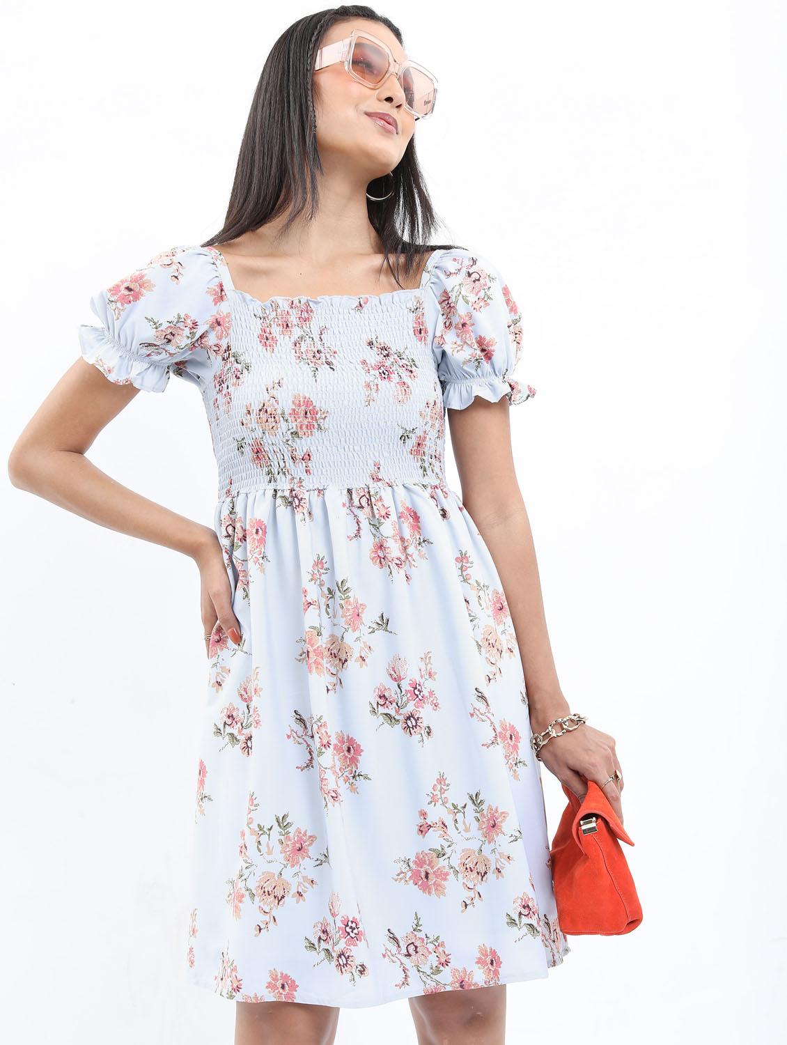light blue floral printed blouson dress - 21375992 -  Standard Image - 1