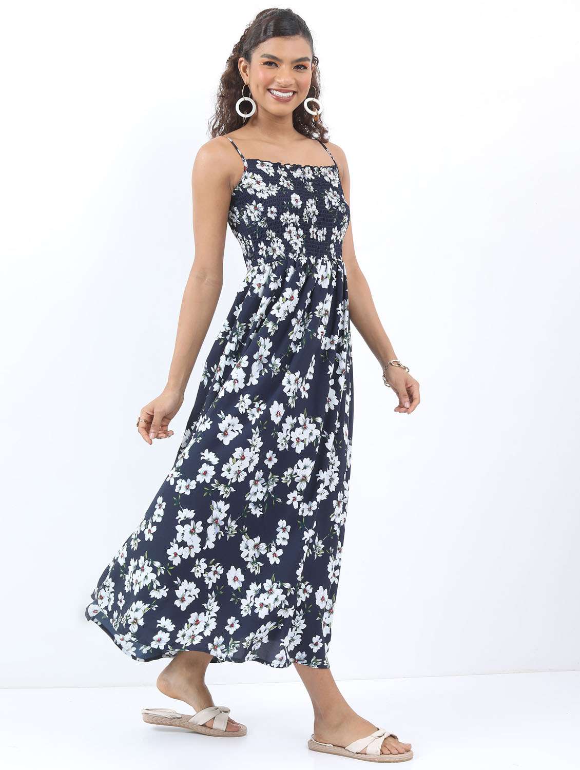navy blue floral printed a-line dress - 21376000 -  Standard Image - 1
