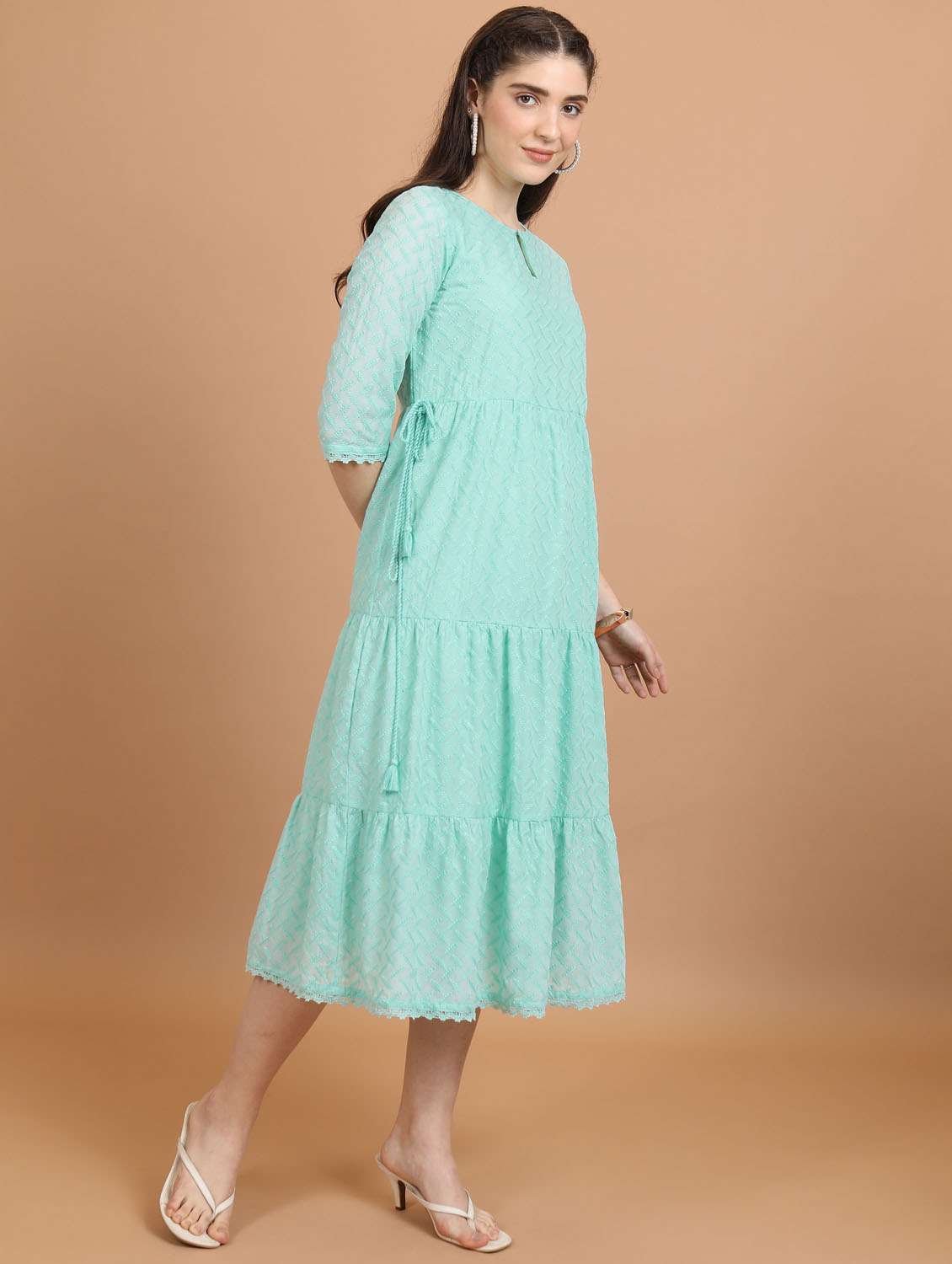 women sea green cotton blend tiered dress - 21376009 -  Standard Image - 1