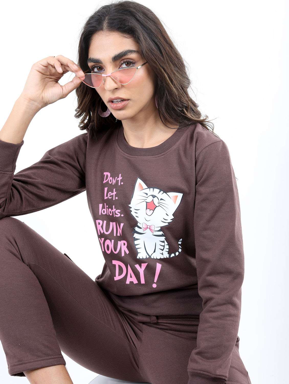 women brown front print sweatshirt - 21376029 -  Standard Image - 1