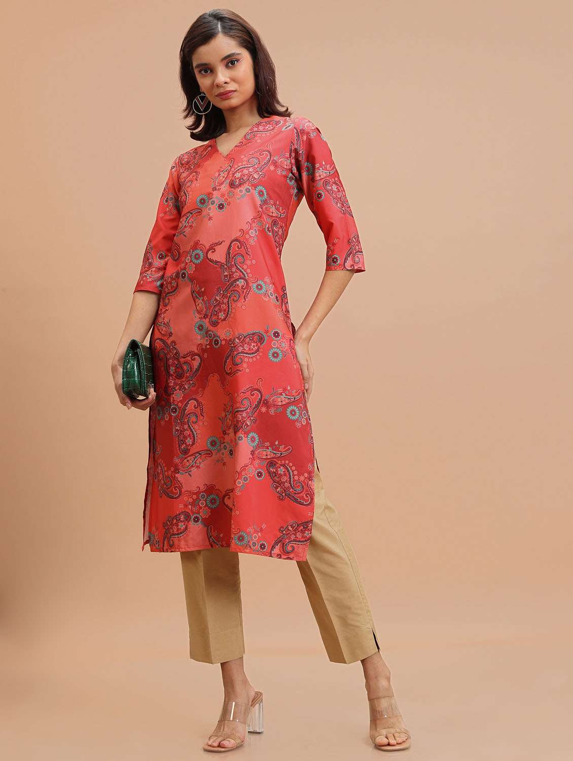 women three quarter sleeve straight kurta
