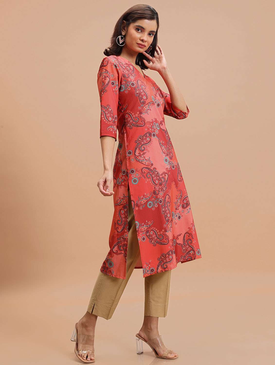 women three quarter sleeve straight kurta - 21376051 -  Standard Image - 1