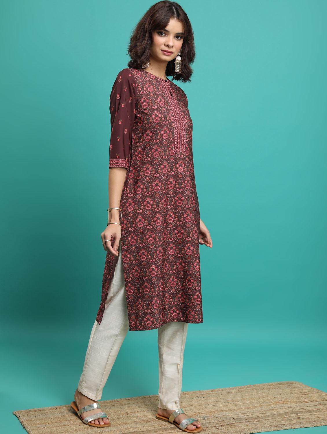 women three quarter sleeve straight kurta - 21376055 - Standard Image - 1