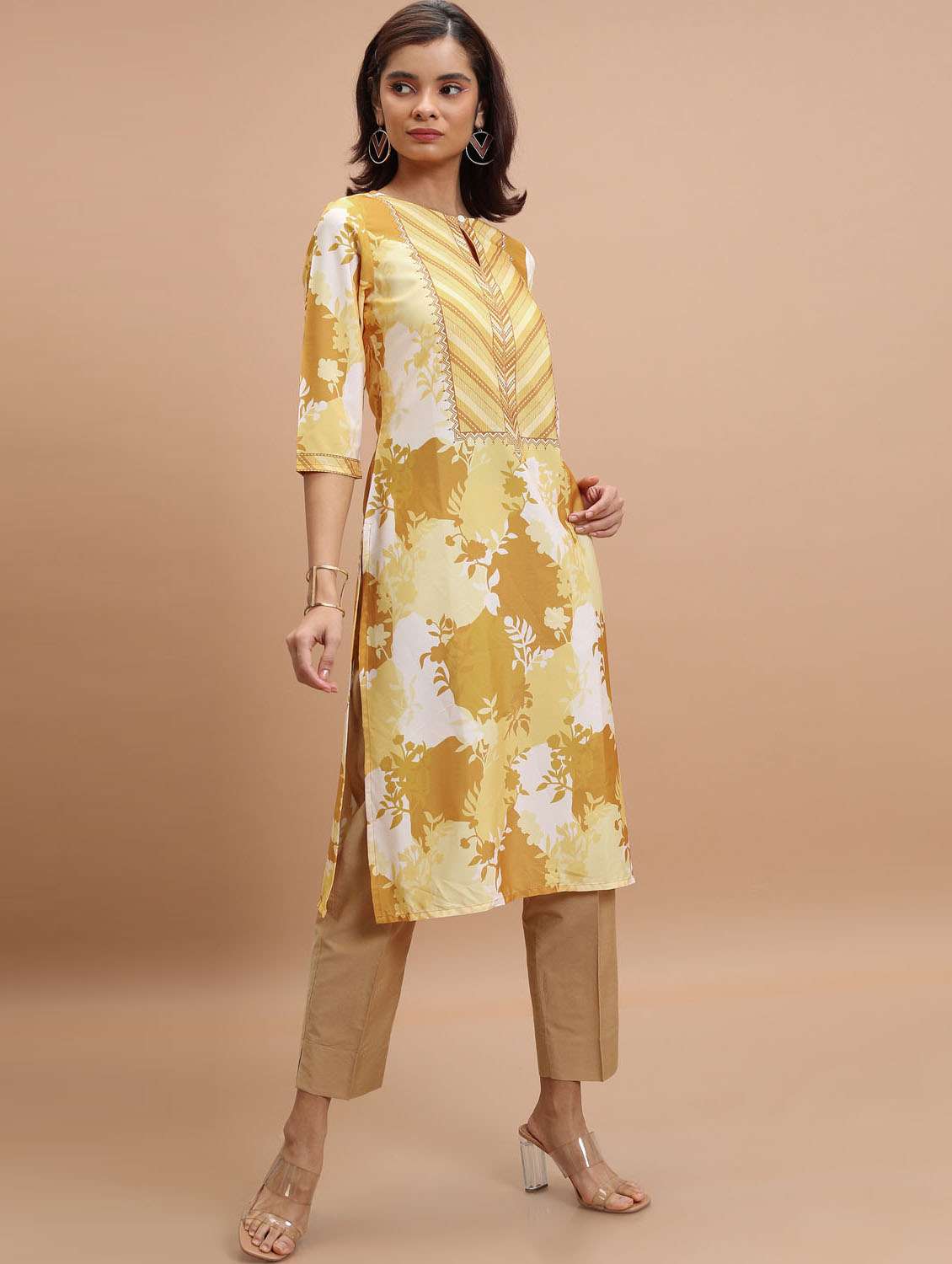 women three quarter sleeve straight kurta - 21376059 -  Standard Image - 1