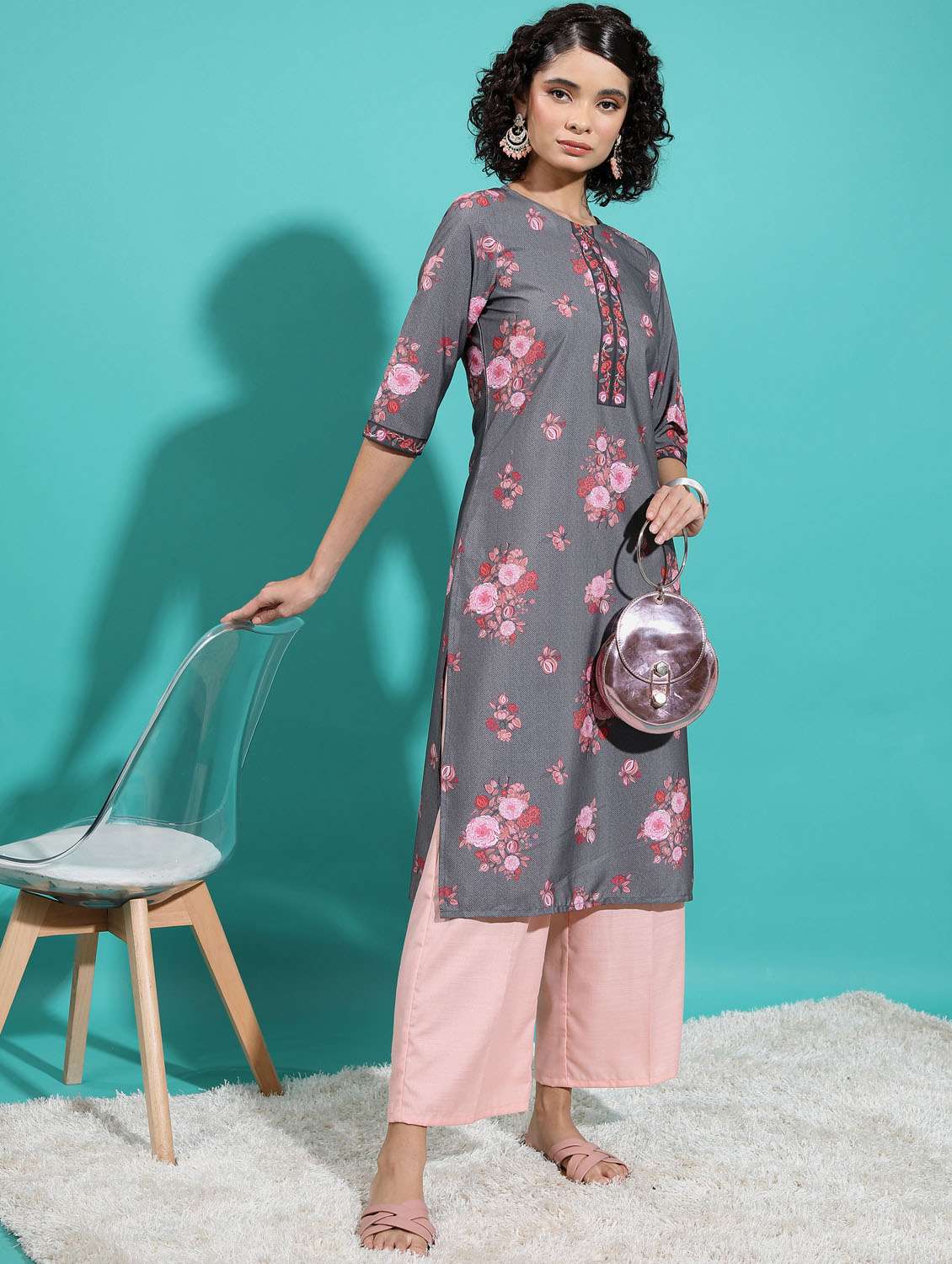 women three quarter sleeve straight kurta - 21376074 -  Standard Image - 1