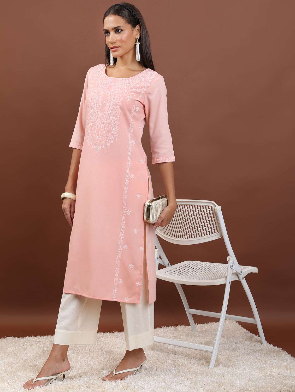 women three quarter sleeve straight kurta - 21376083 -  Standard Image - 1