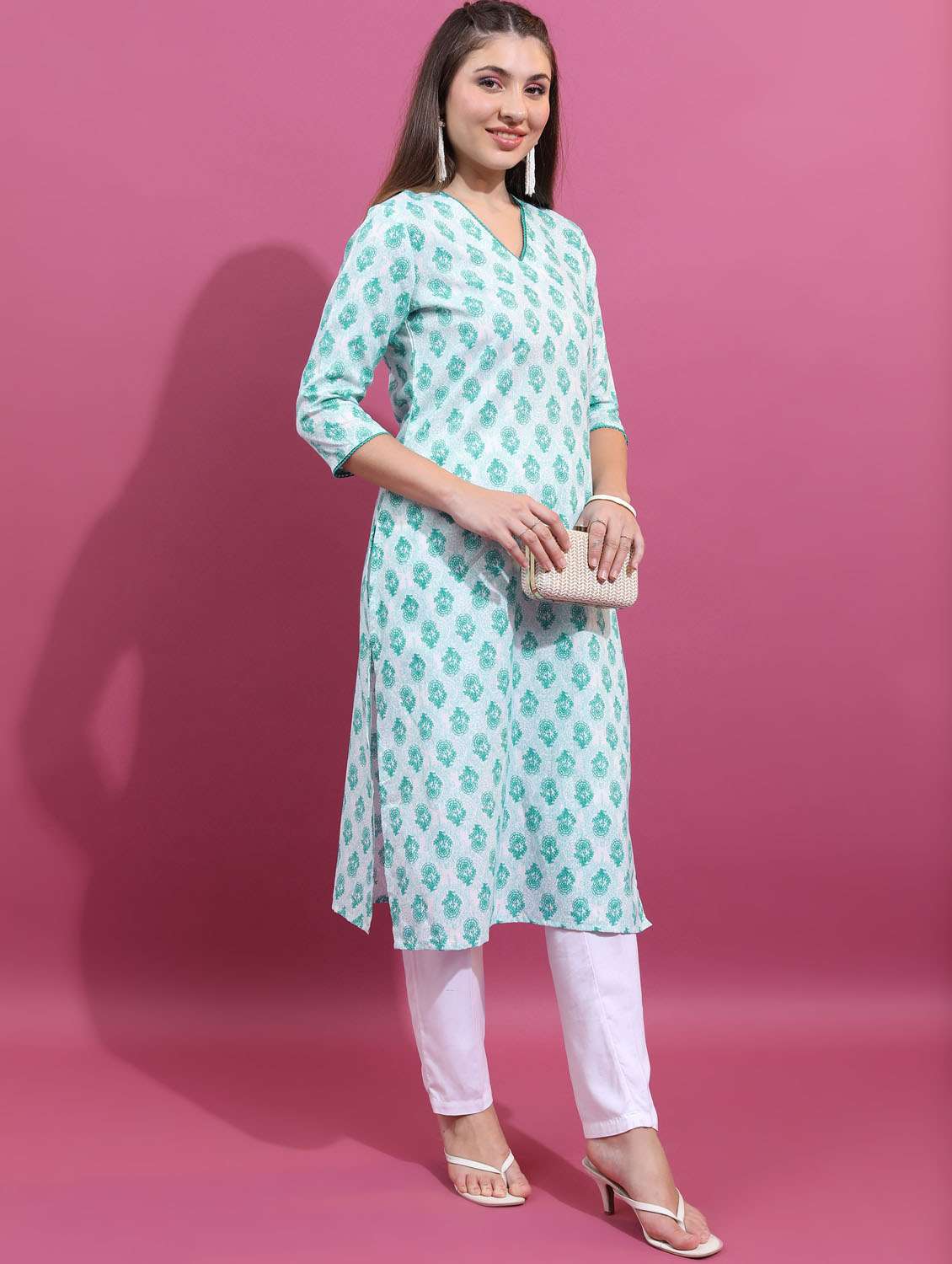 women three quarter sleeve straight kurta - 21376090 -  Standard Image - 1