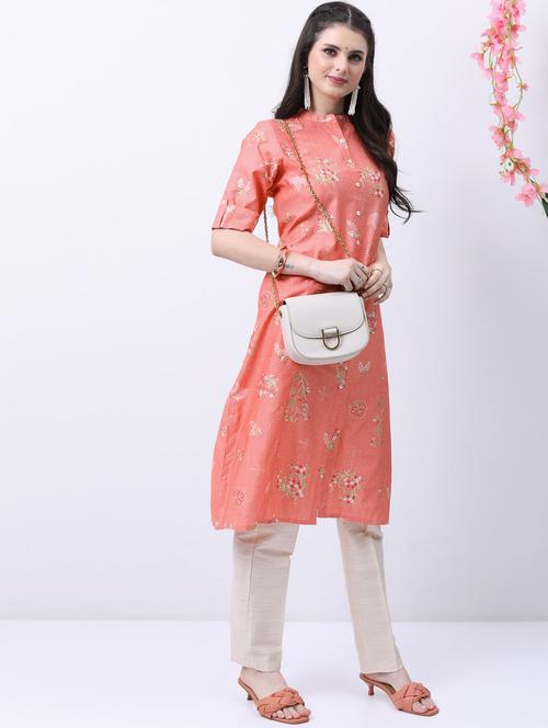 peach printed roll up sleeve a-line kurta - 21376094 - Standard Image - 0