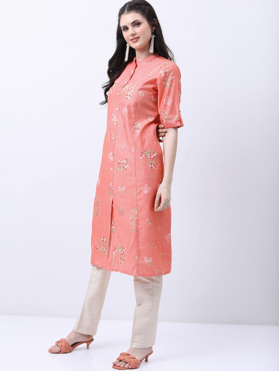 peach printed roll up sleeve a-line kurta - 21376094 - Standard Image - 1