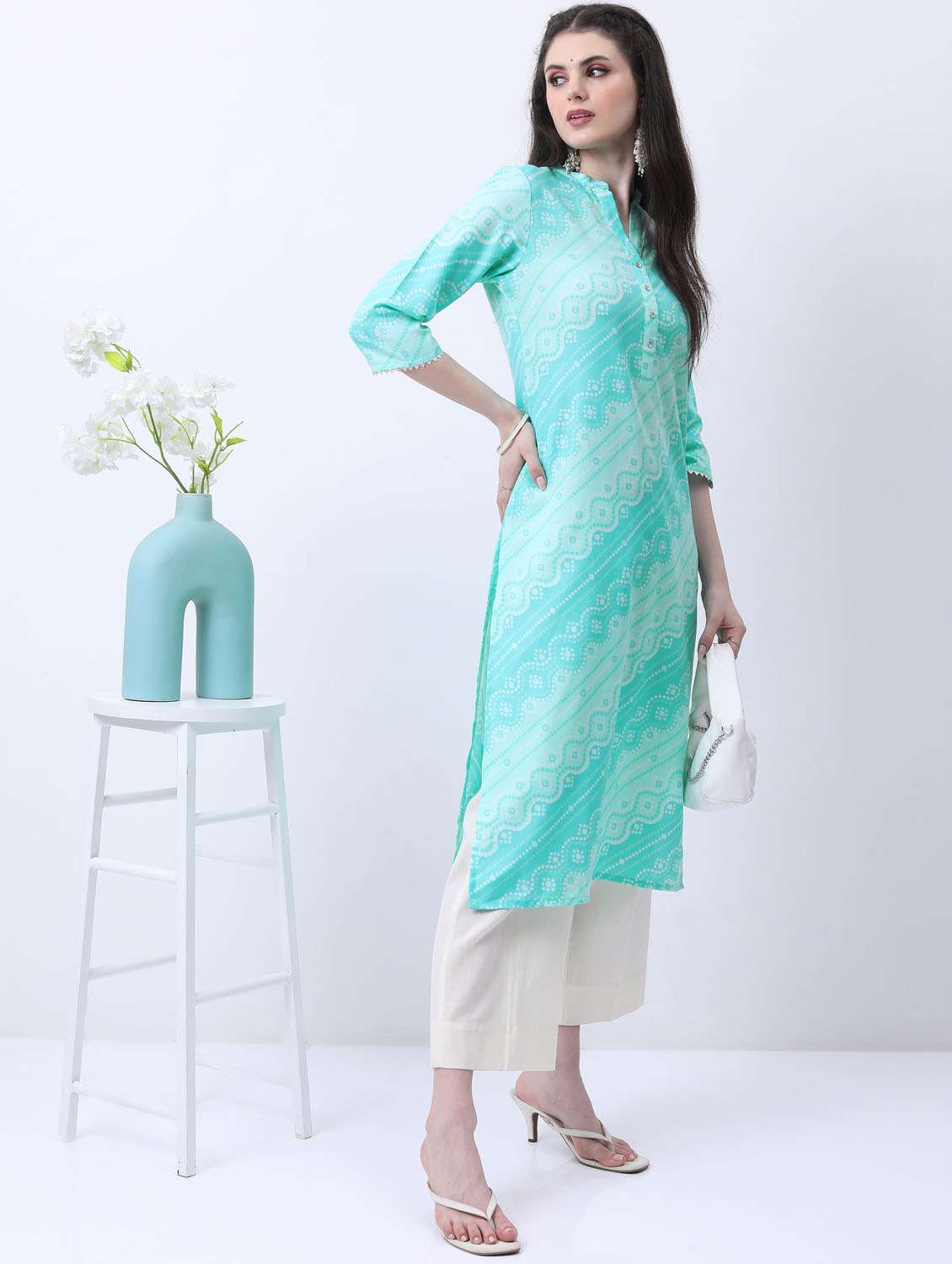 women three quarter sleeve straight kurta - 21376099 -  Standard Image - 1