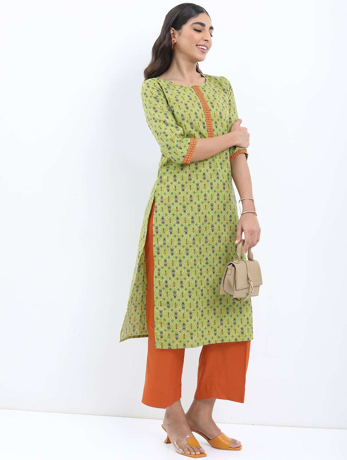 women three quarter sleeve straight kurta - 21376111 -  Standard Image - 1