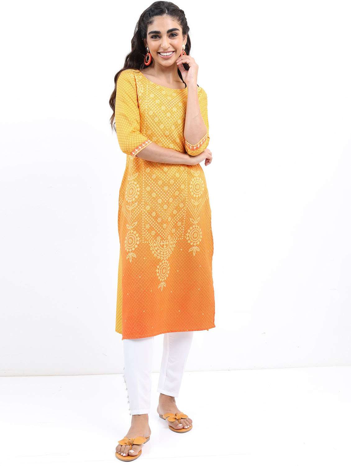 women three quarter sleeve straight kurta - 21376114 -  Standard Image - 1