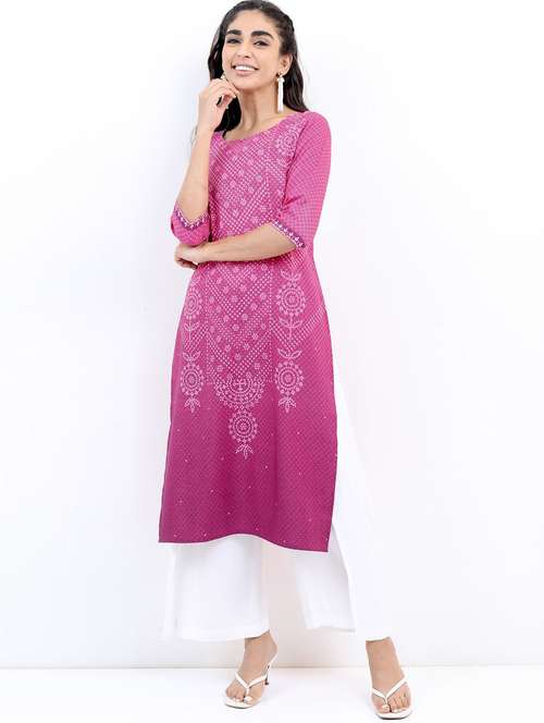 women three quarter sleeve straight kurta - 21376115 -  Standard Image - 0