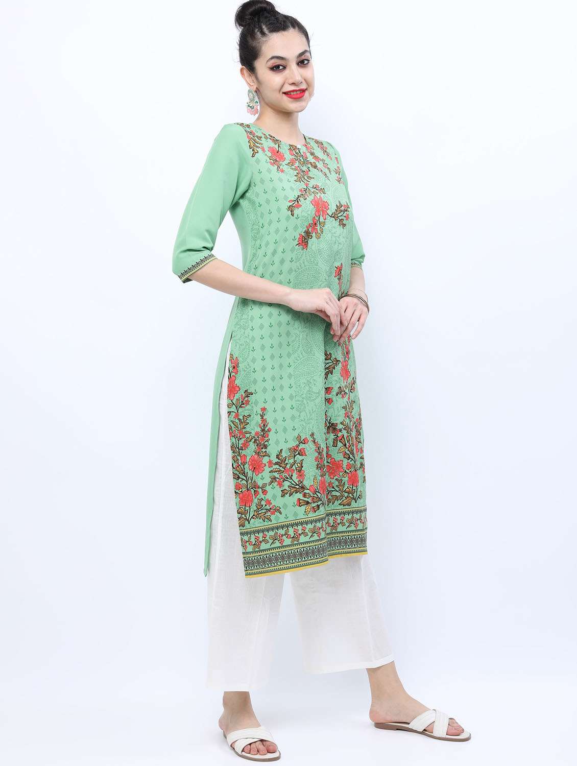 women three quarter sleeve straight kurta - 21376120 -  Standard Image - 1