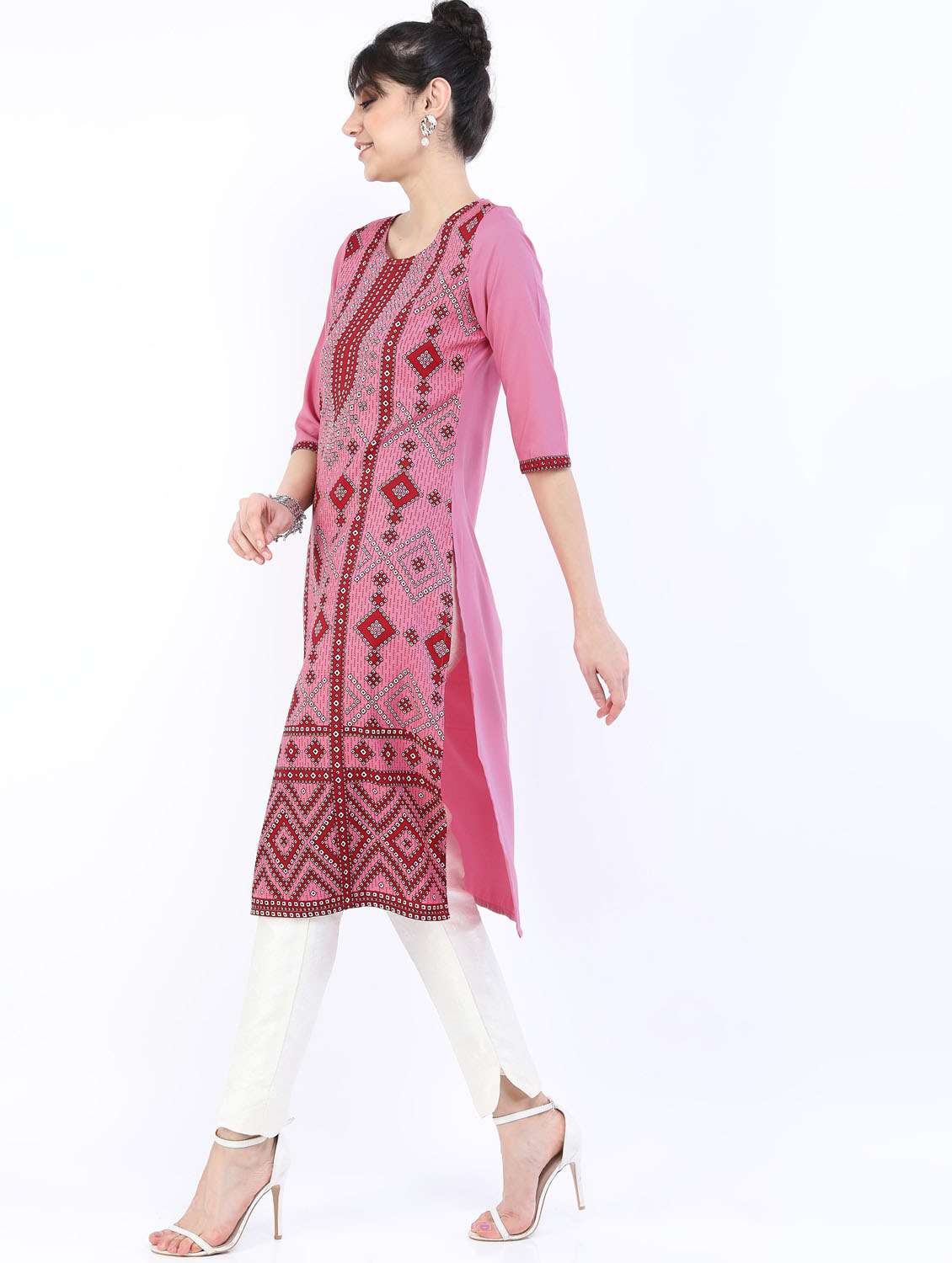 women three quarter sleeve straight kurta - 21376123 -  Standard Image - 1