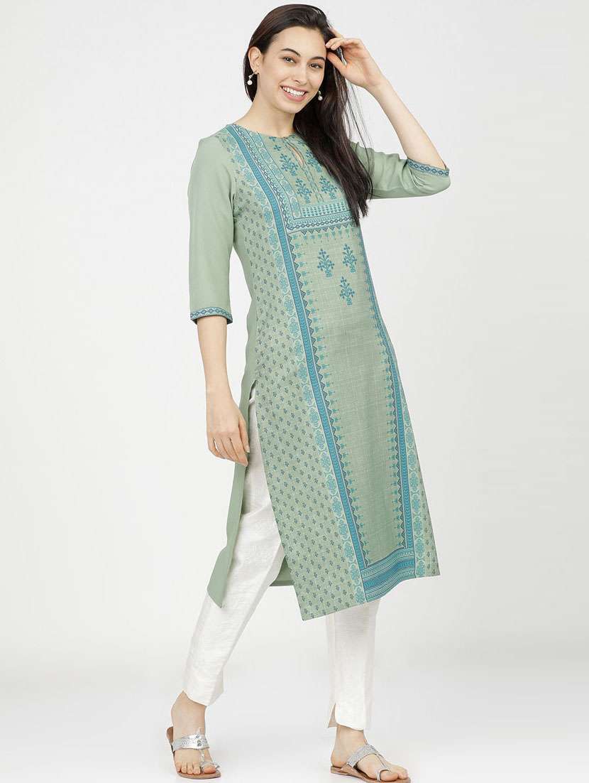 women three quarter sleeve straight kurta - 21376147 -  Standard Image - 1