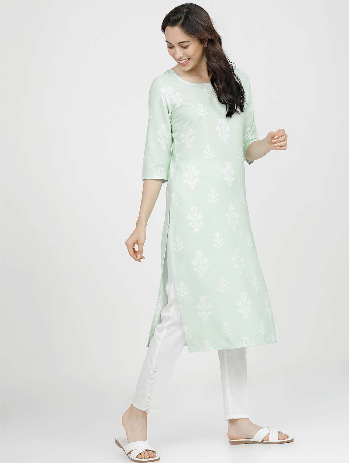 women three quarter sleeve straight kurta - 21376156 -  Standard Image - 1