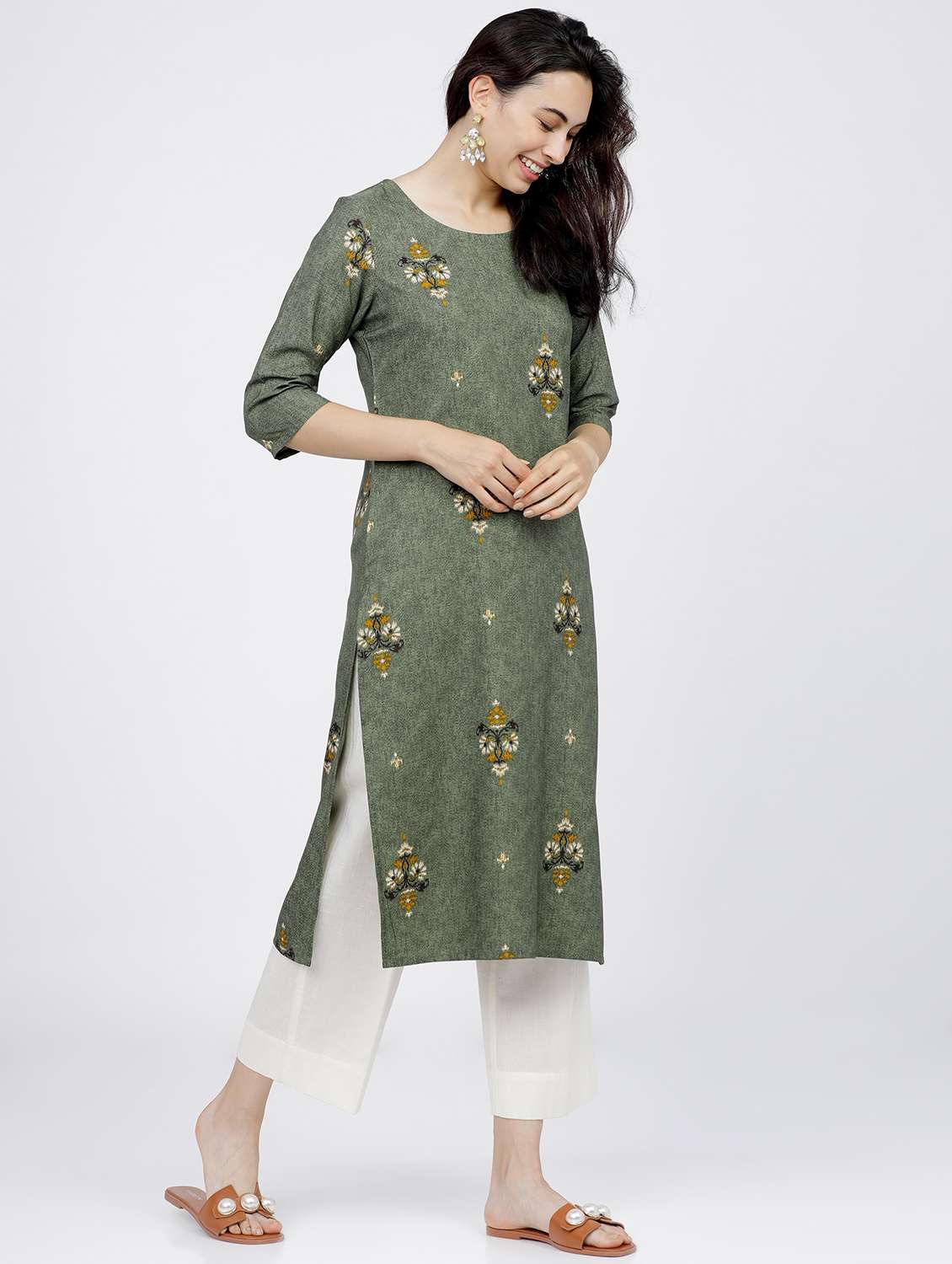 women three quarter sleeve straight kurta - 21376160 - Standard Image - 1