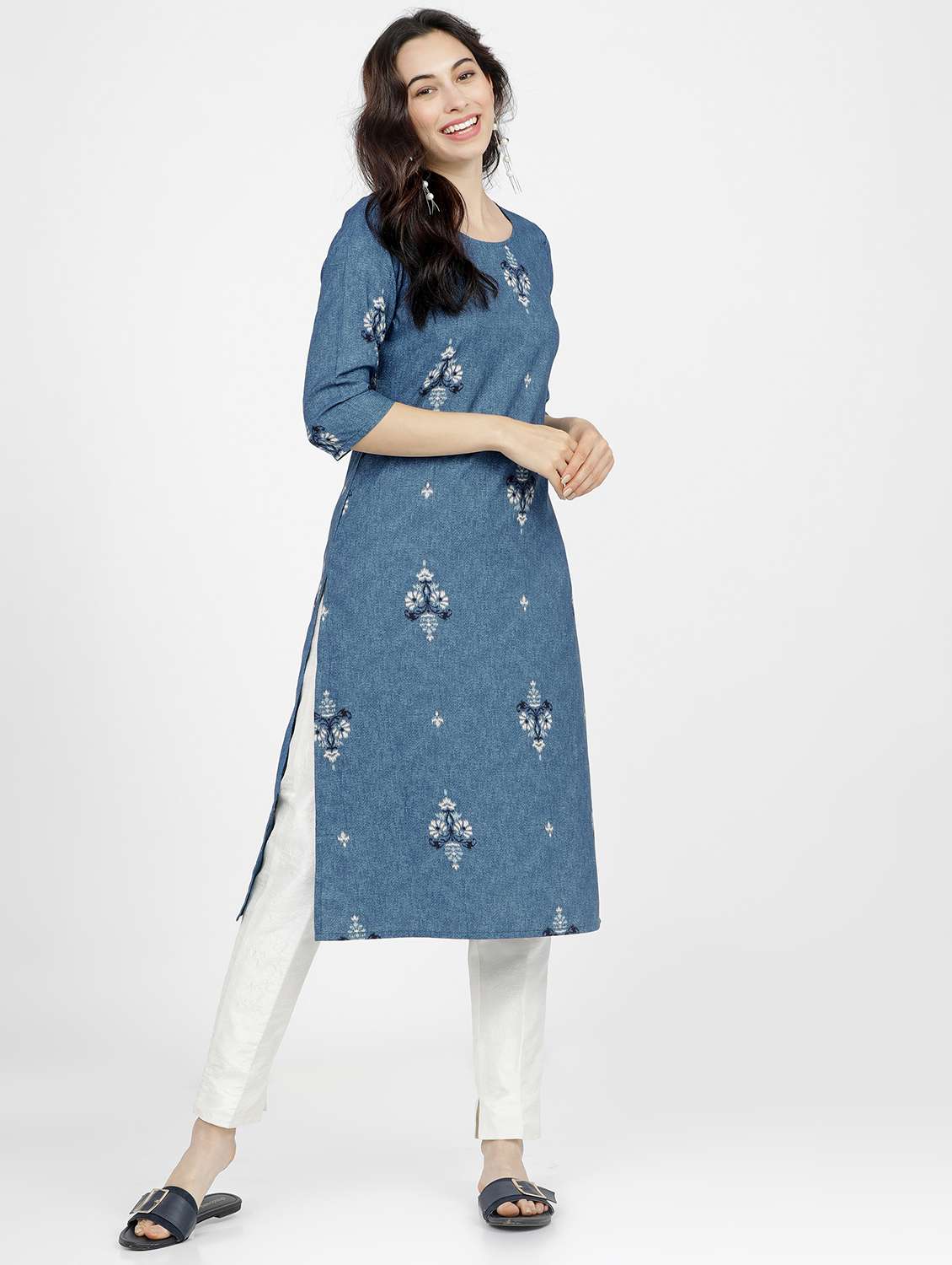 women three quarter sleeve straight kurta - 21376161 -  Standard Image - 1