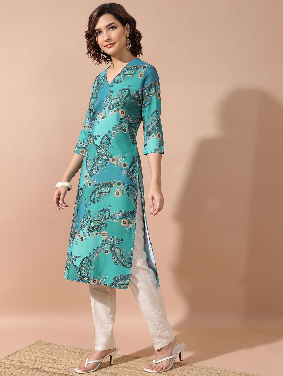women three quarter sleeve straight kurta - 21376173 -  Standard Image - 1