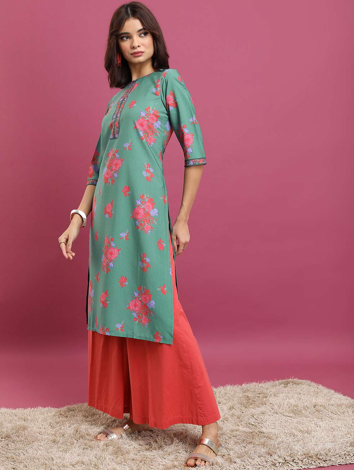 women three quarter sleeve straight kurta - 21376175 -  Standard Image - 1