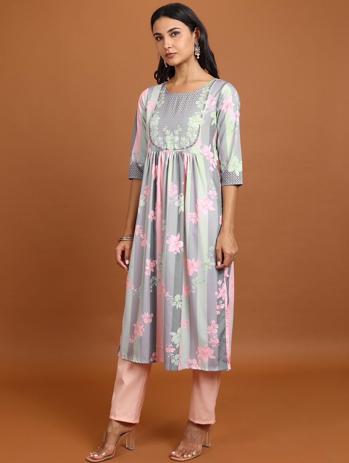 women multi colored cotton blend a-line kurta