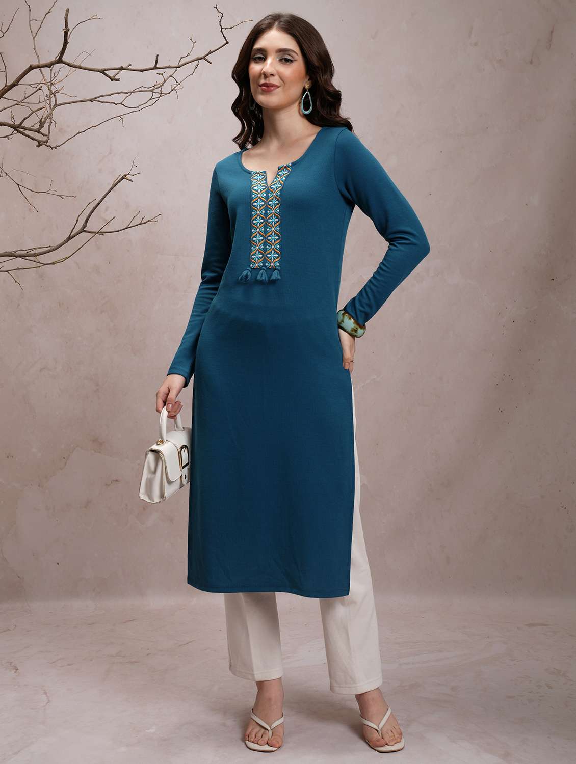 women teal blue cotton blend straight kurta