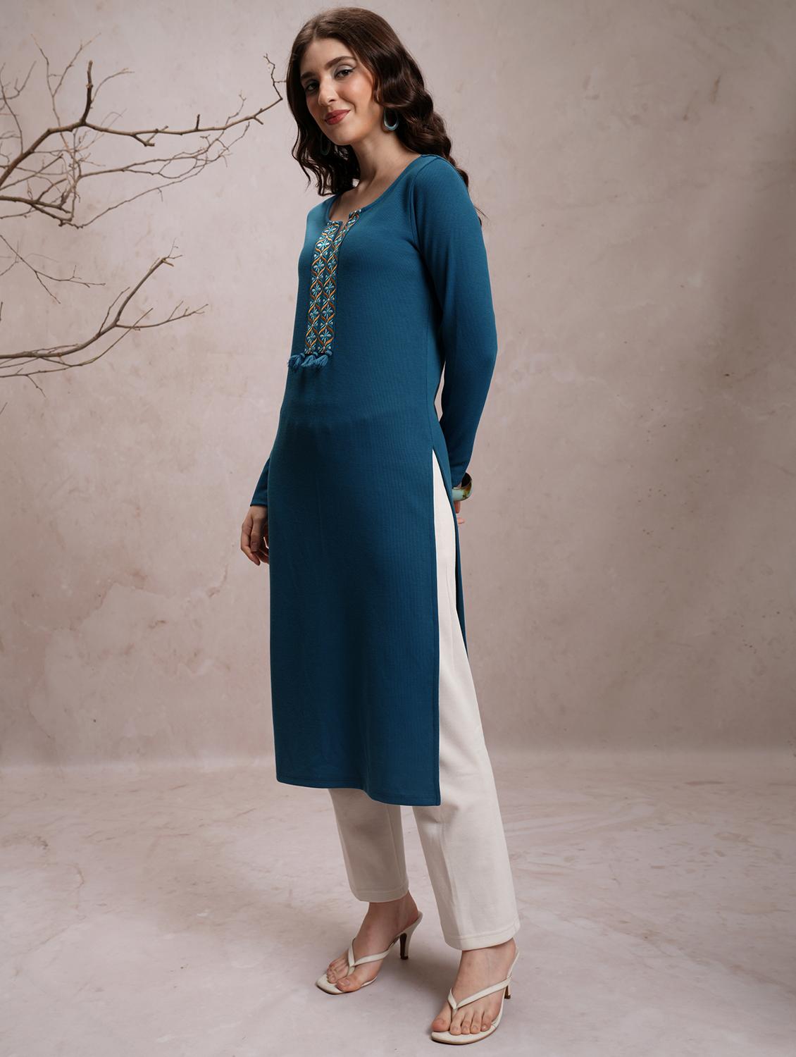 women teal blue cotton blend straight kurta - 21376185 - Standard Image - 1
