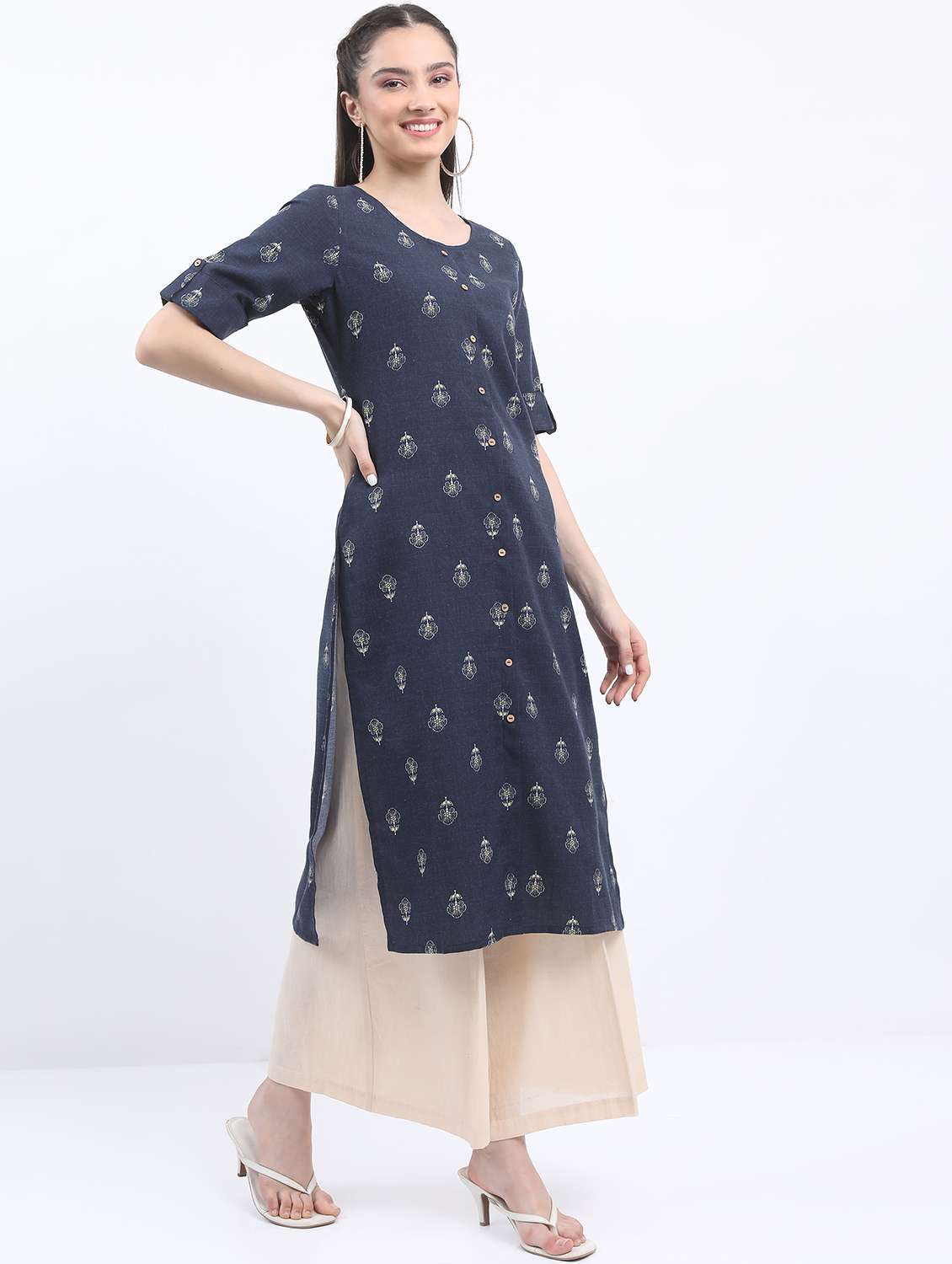 women navy cotton blend straight kurta - 21376188 -  Standard Image - 1