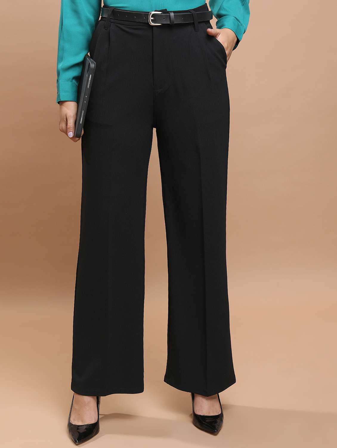 women solid high rise tailored trouser