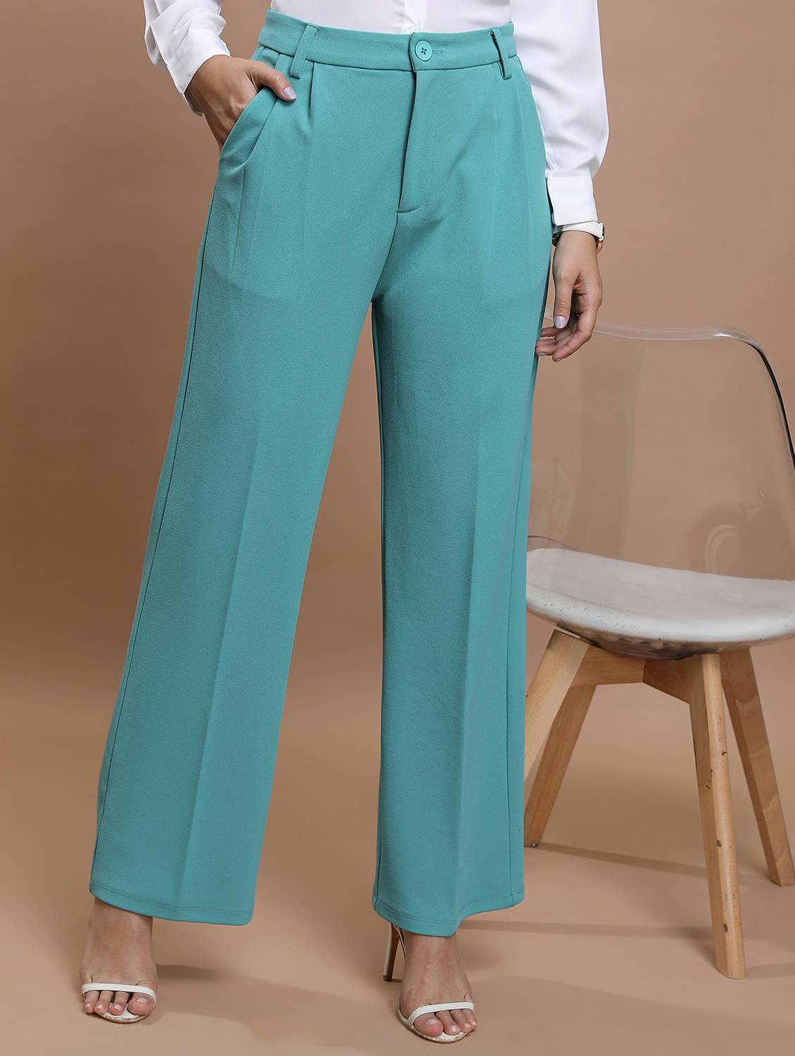 women solid high rise tailored trouser