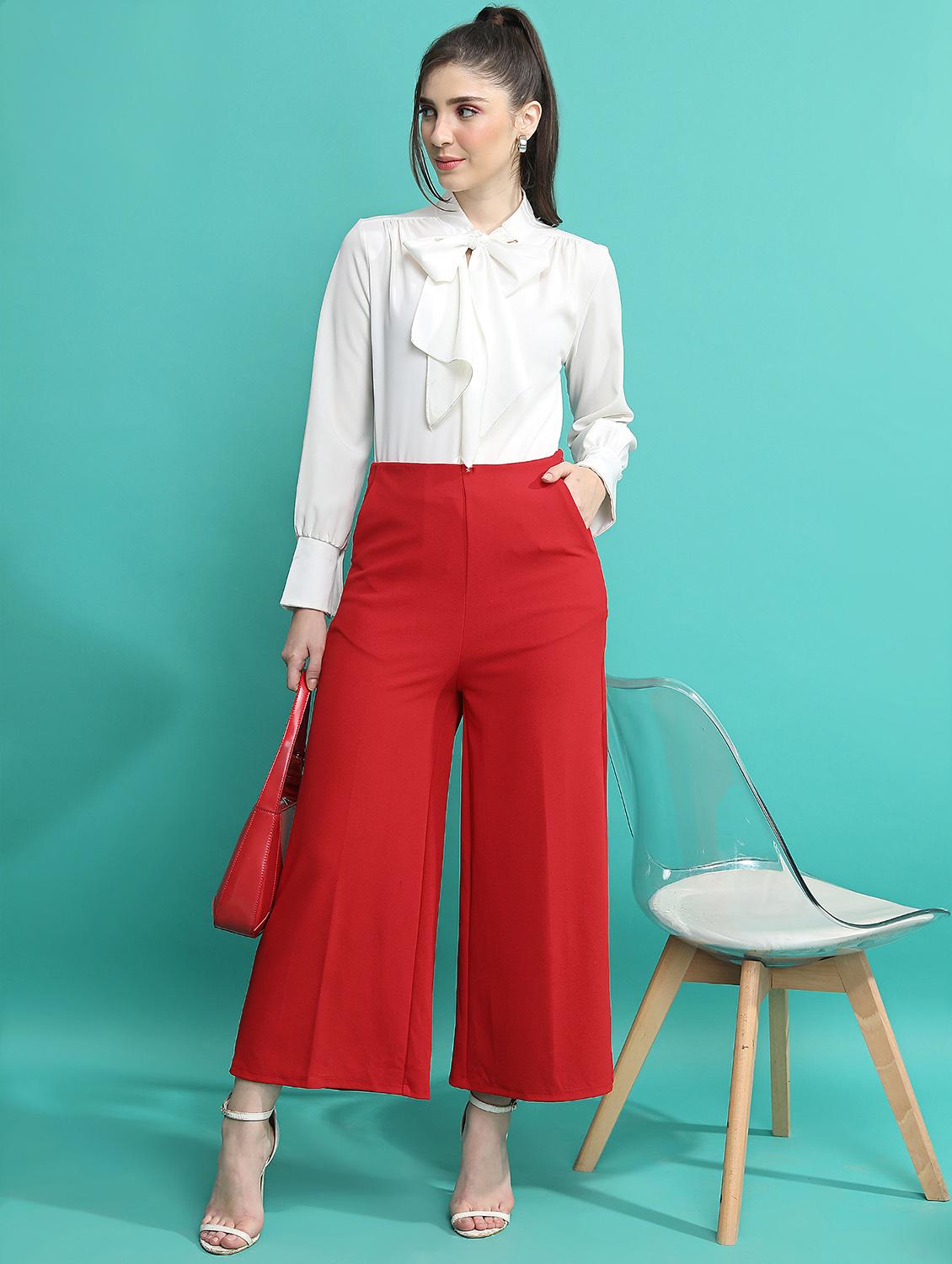 women red cotton blend wide leg trouser - 21376217 - Standard Image - 4